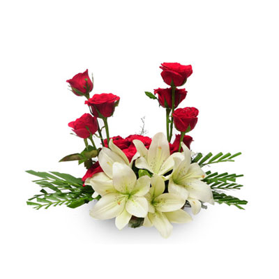 Buy 12 Red Roses 6 White Lilies An Elegant Basket Arrangement